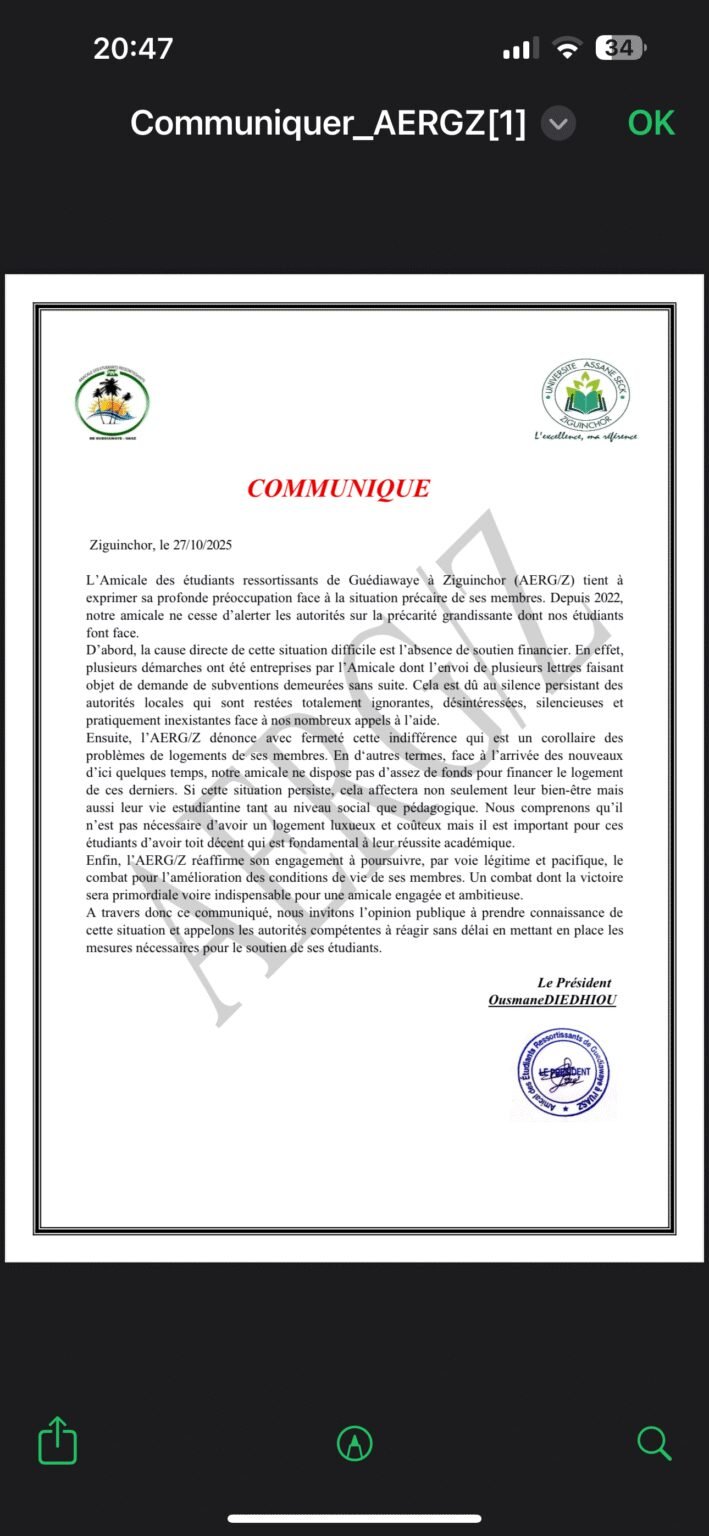 Les étudiants de Guédiawaye à Ziguinchor alertent sur leurs conditions de vie précaires
