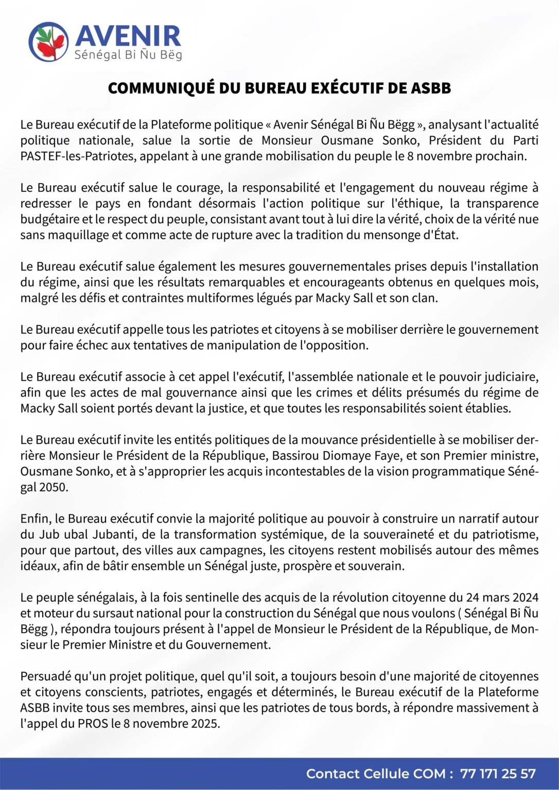 La plateforme « Avenir Sénégal Bi Ñu Bëgg » salue les résultats du nouveau régime et soutient l’appel de Sonko à la mobilisation